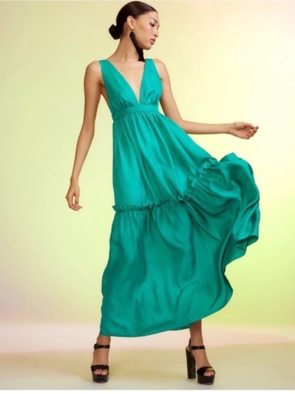 Cynthia Rowley Emerald Teal V-Neck Tiered Maxi Dress